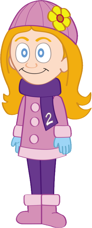 Kid 2 has long strawberry blonde hair and wears pink and purple winter clothes with a flower on her beanie.