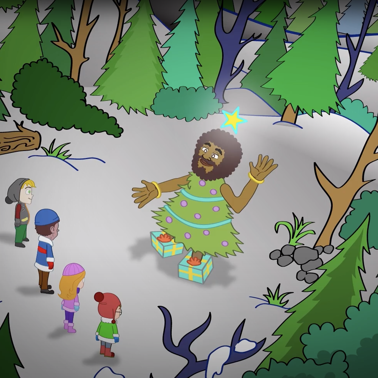 The Great Christmas Tree sings to the Pearl children in the magic forest.