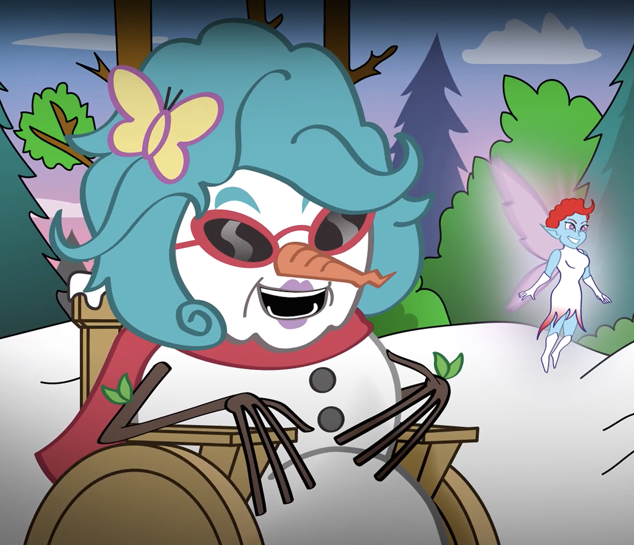The colorful Magic Snowwoman uses a wheelchair and her fairy friend Little Ding flies alongside.