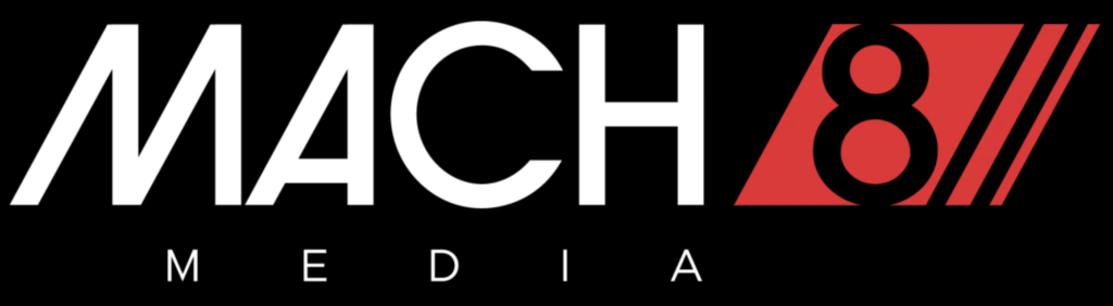 Red, white and black Mach 8 Media logo