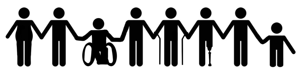 8 silhouetted people with diverse mobility needs hold hands
