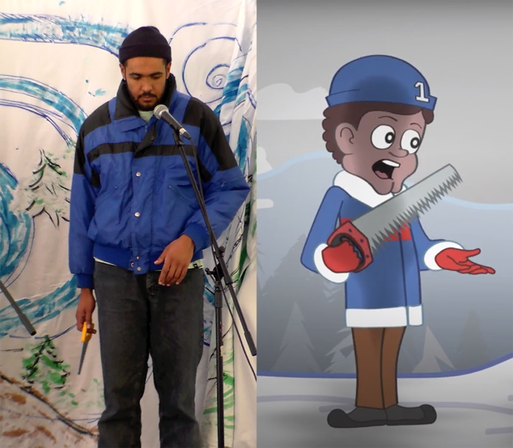 Sam Dupree as Kid 1 wears a dark blue winter coat and beanie, and holds a saw.